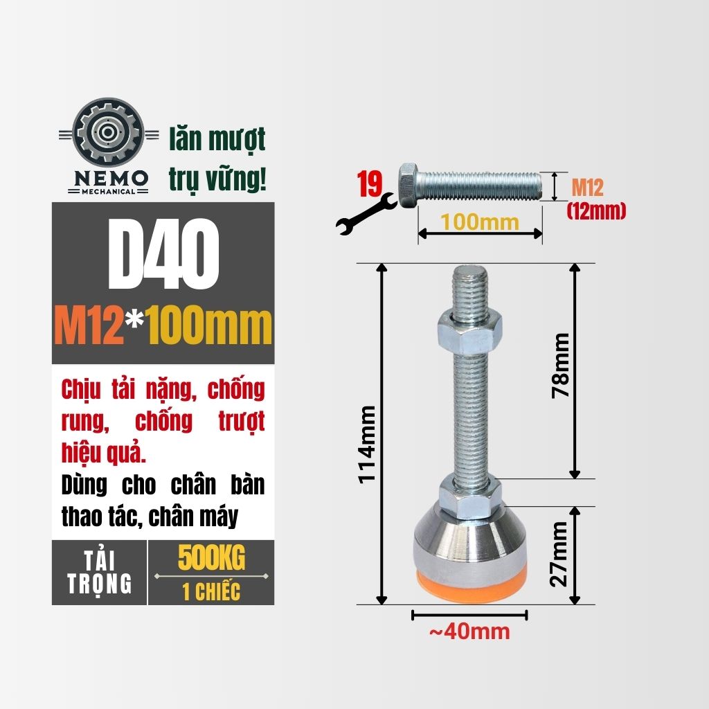 Chân Tăng Chỉnh Chịu Tải Nặng – Bát Thép Mạ Crom, Chịu Lực 1.5 Tấn (M10, M12)